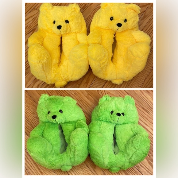 Shoes - Fuzzy Stuffed Teddy Bear Slippers, Set of Two Pairs: Green & Yellow, sz M